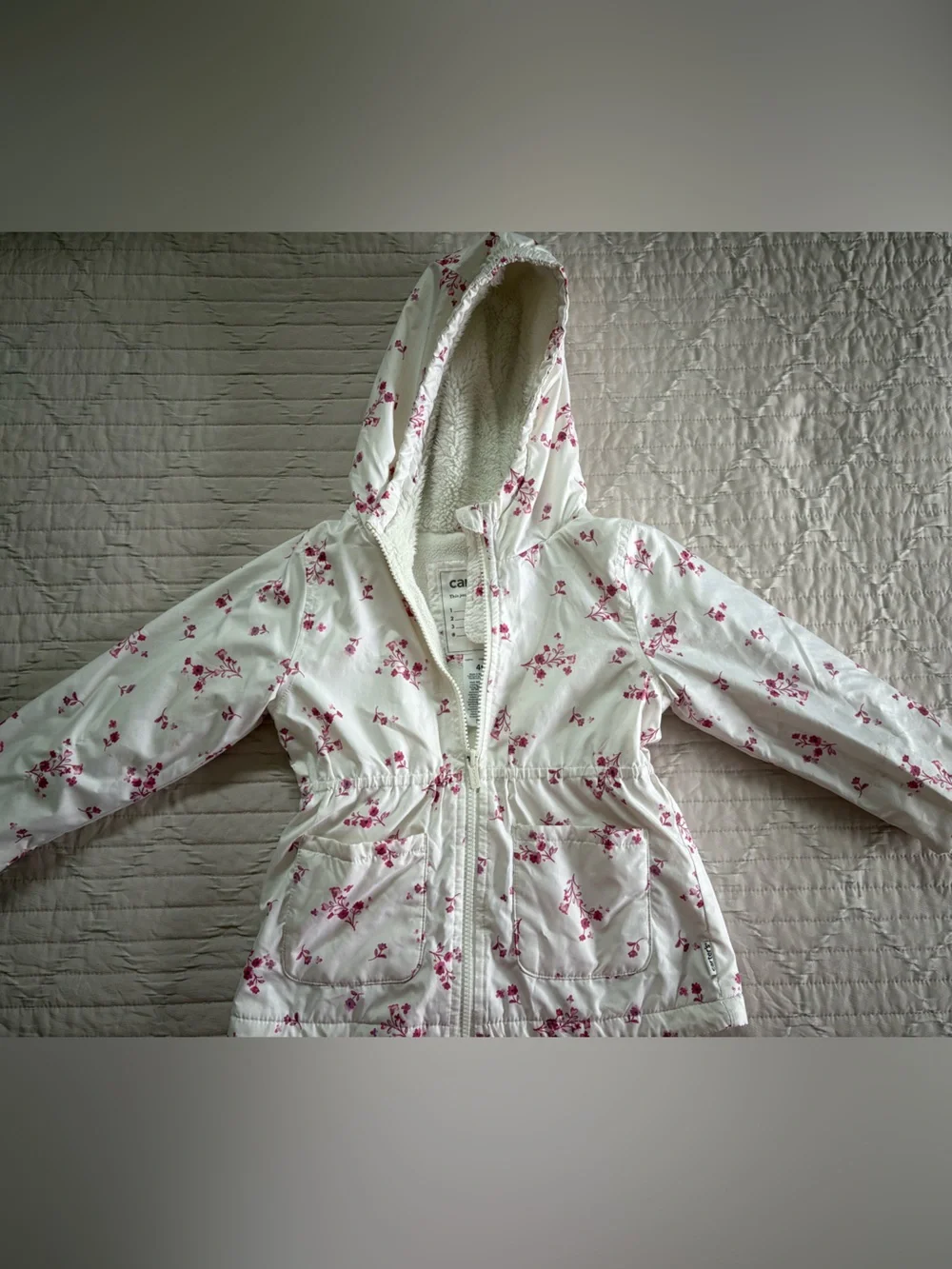 Carters Girls' White Floral Hooded Jacket - Pink Flower Print